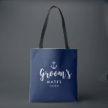 Nautical Anchor Wedding Groom's Mates Groomsmen Tote Bag<br><div class="desc">Surprise your Groomsmen (and others on the Groom's side) with this personalized tote bag. The nautical design features a white anchor set against a navy background and fun text that reads "Groom's Mates" A great size for wedding essentials: clothing, snacks, water, etc. The perfect go-to bag for a nautical, beach...</div>
