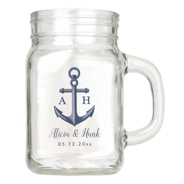 Nautical Anchor Wedding Monograms Mason Jar (Front)