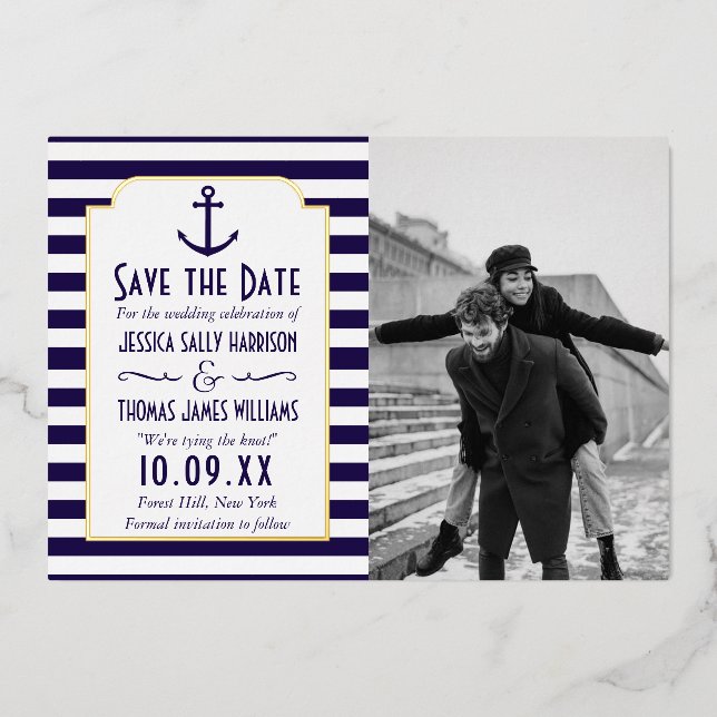 Nautical Anchor Wedding Photo Save The Date Real Foil Invitation (Front)