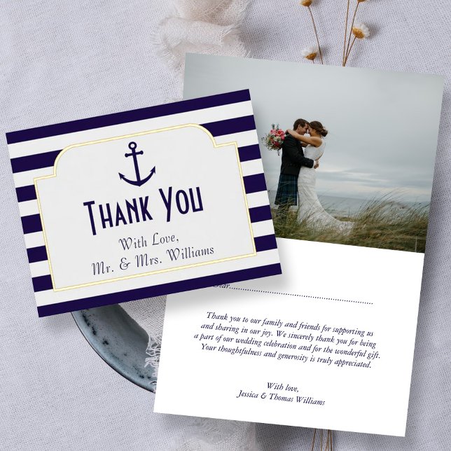 Nautical Anchor Wedding Photo Thank You Real Foil Greeting Card (Creator Uploaded)