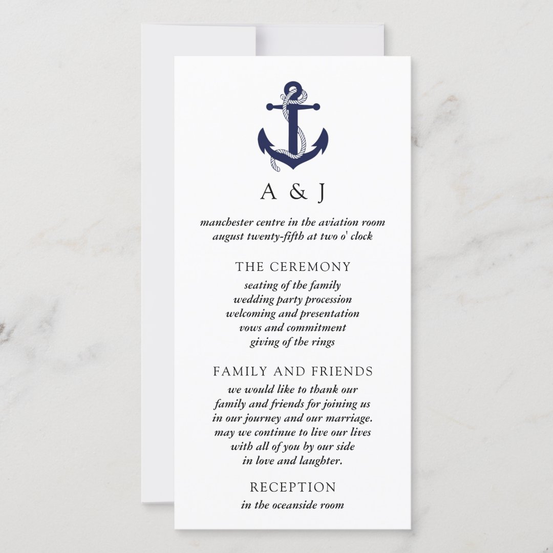 Nautical Anchor Wedding Program Card | Zazzle