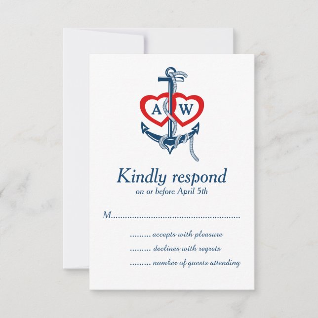 Nautical anchor Wedding RSVP Card Invitations set (Front)