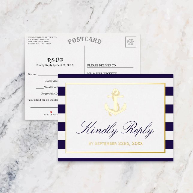 Nautical Anchor Wedding RSVP Real Foil Invitation Postcard (Creator Uploaded)
