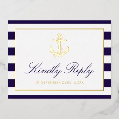 Nautical Anchor Wedding RSVP Real Foil Invitation Postcard