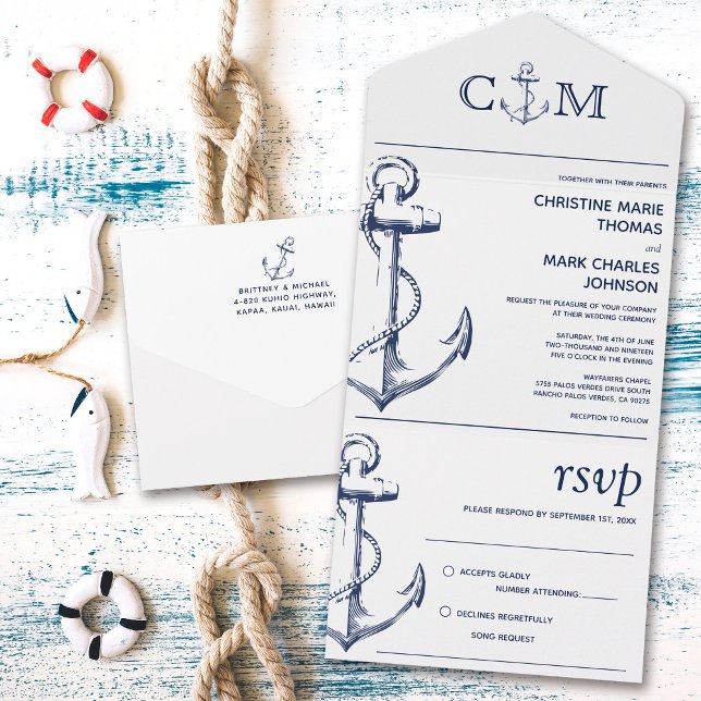 Nautical Anchor Wedding Song Request White All In One Invitation (Creator Uploaded)