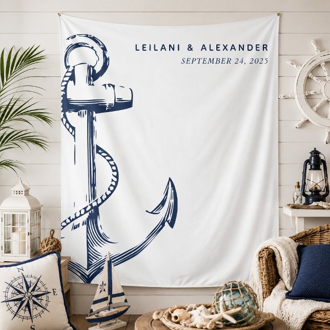 Nautical Anchor Wedding White Tapestry (Nautical anchor wedding backdrop that is modern and simple for a classic beach reception.)