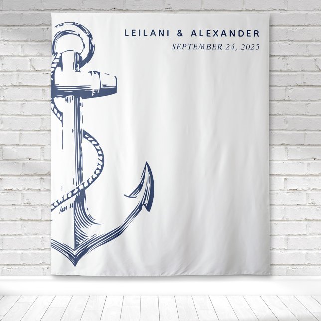 Nautical Anchor Wedding White Tapestry (Nautical anchor wedding backdrop that is modern and simple for a classic beach reception.)