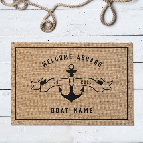Nautical Anchor Welcome Aboard Burlap and Black Doormat