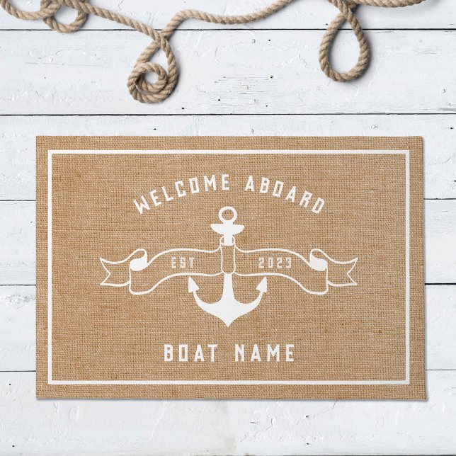 Nautical Anchor Welcome Aboard Burlap and White Doormat (Creator Uploaded)
