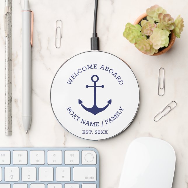 Nautical anchor Welcome Aboard Custom Boat name Wireless Charger (Desk)
