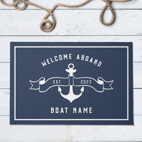 Nautical Anchor Welcome Aboard Navy Blue and White Doormat