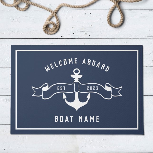 Nautical Anchor Welcome Aboard Navy Blue and White Doormat (Creator Uploaded)