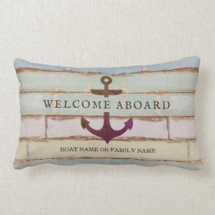 Nautical Anchor WELCOME ABOARD Rustic Boat Name Lumbar Pillow