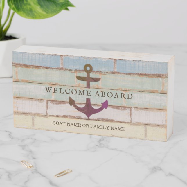 Nautical Anchor WELCOME ABOARD Rustic Boat Name Wooden Box Sign (In Situ Horizontal)