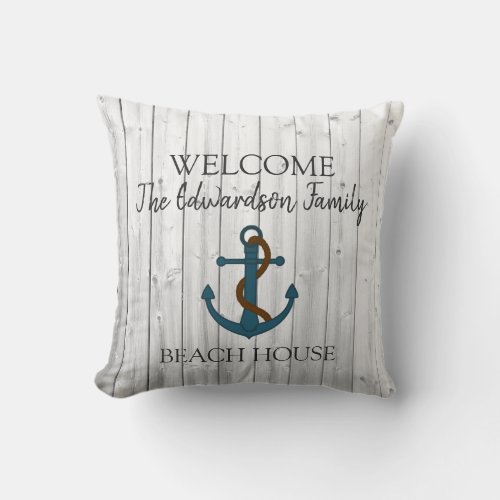 Nautical anchor welcome to family name beach house throw pillow