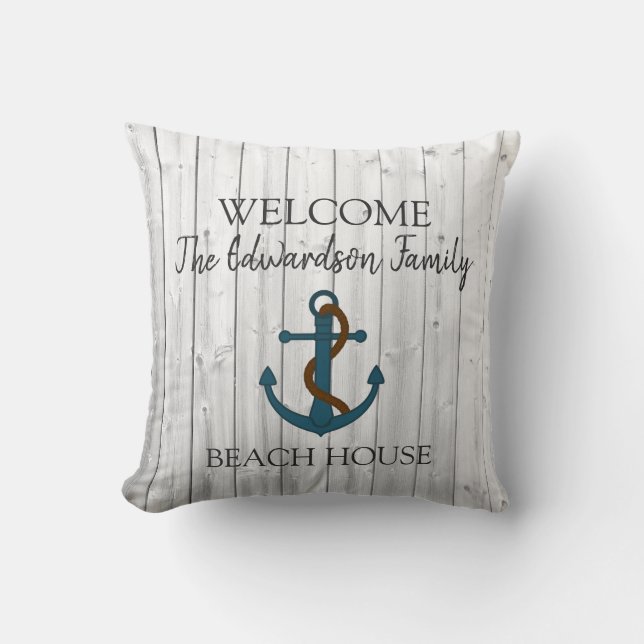 Nautical anchor welcome to family name beach house throw pillow (Front)