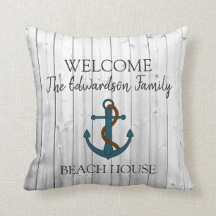 Nautical anchor welcome to family name beach house throw pillow