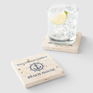 Nautical Anchor Wheel Beach House Travertine Stone Coaster