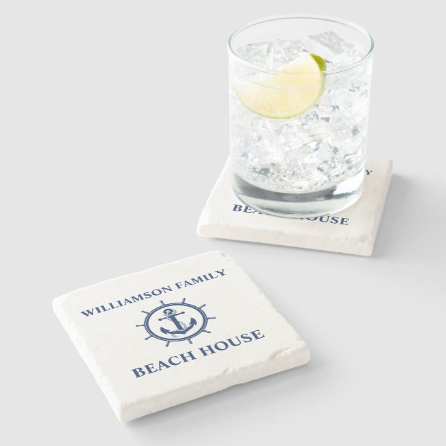 Nautical Anchor Wheel Family Beach House Marble Stone Coaster (Side)