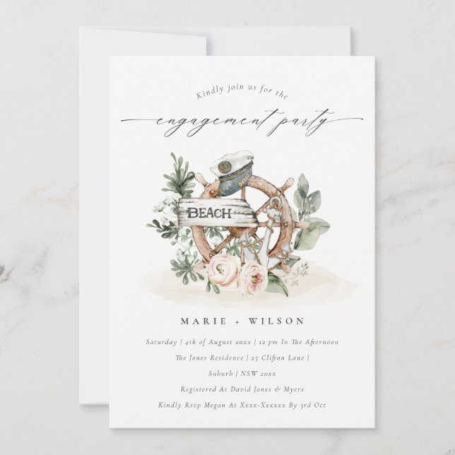 Nautical Anchor Wheel Floral Engagement Invite (Front)