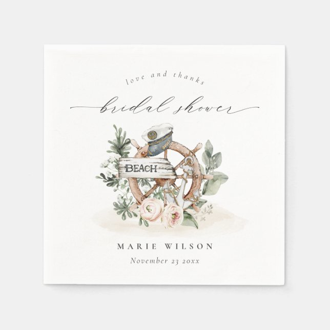 Nautical Anchor Wheel Leafy Floral Bridal Shower Napkins (Front)