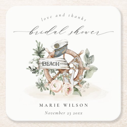 Nautical Anchor Wheel Leafy Floral Bridal Shower Square Paper Coaster