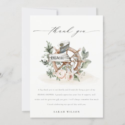 Nautical Anchor Wheel Leafy Floral Bridal Shower Thank You Card