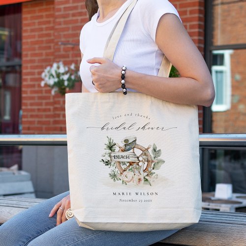 Nautical Anchor Wheel Leafy Floral Bridal Shower Tote Bag