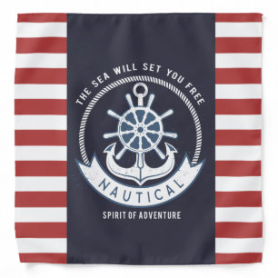Nautical Anchor,Wheel, Navy Blue,Red Stripes Bandana