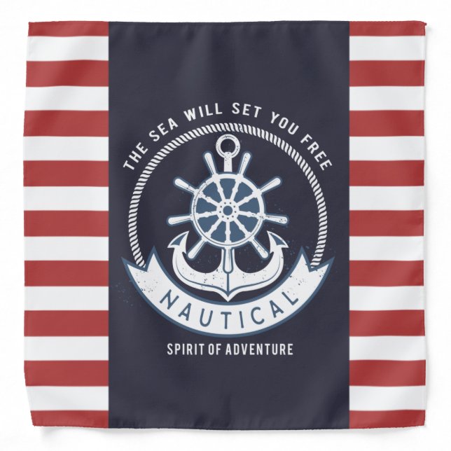 Nautical Anchor,Wheel, Navy Blue,Red Stripes Bandana (Front)