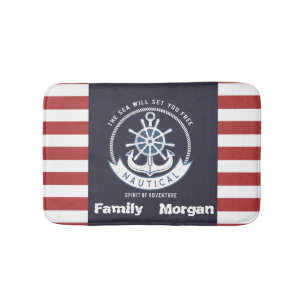 Nautical Anchor,Wheel, Navy Blue,Red Stripes Bath Mat