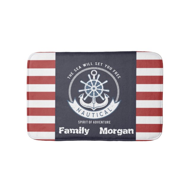 Nautical Anchor,Wheel, Navy Blue,Red Stripes Bath Mat (Front)