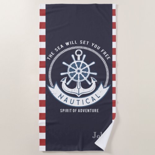 Nautical AnchorWheel Navy BlueRed Stripes Beach Towel