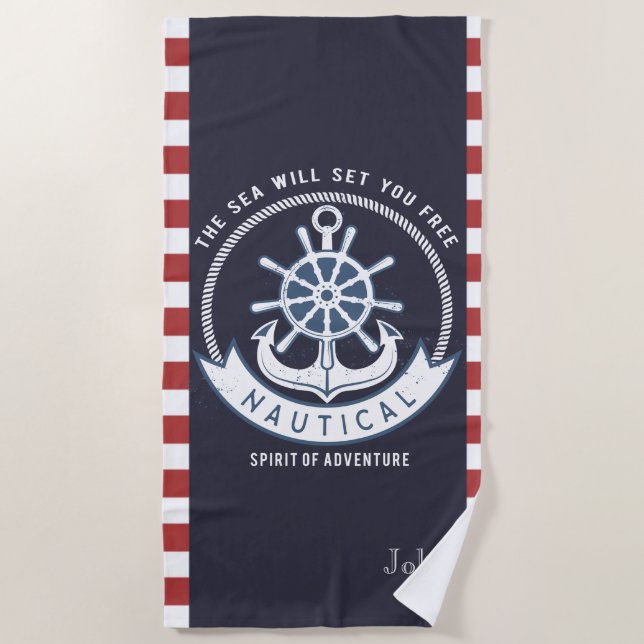 Nautical Anchor,Wheel, Navy Blue,Red Stripes Beach Towel (Front)