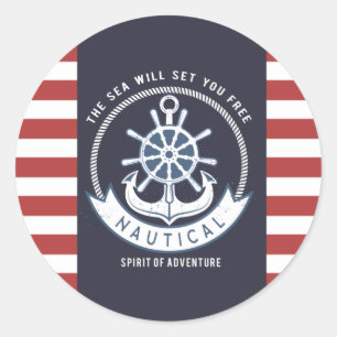 Nautical Anchor,Wheel, Navy Blue,Red Stripes Classic Round Sticker