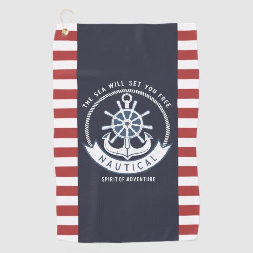 Nautical AnchorWheel Navy BlueRed Stripes Golf Towel