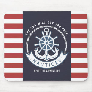 Nautical Anchor,Wheel, Navy Blue,Red Stripes Mouse Pad