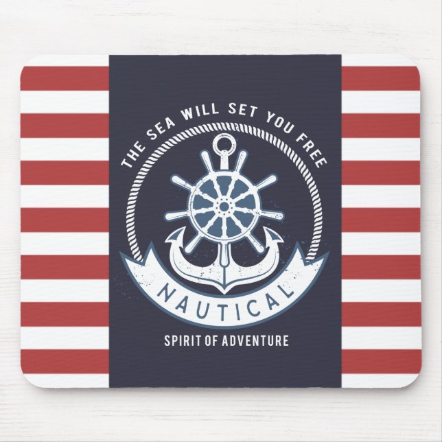 Nautical Anchor,Wheel, Navy Blue,Red Stripes Mouse Pad (Front)