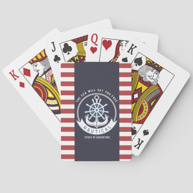 Nautical Anchor,Wheel, Navy Blue,Red Stripes Poker Cards (Back)