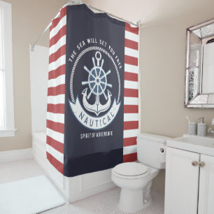 Nautical Anchor,Wheel, Navy Blue,Red Stripes Shower Curtain