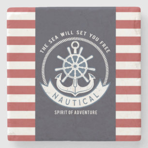 Nautical Anchor,Wheel, Navy Blue,Red Stripes Stone Coaster