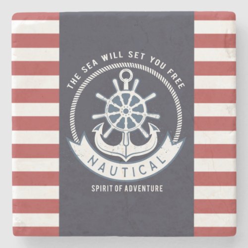 Nautical AnchorWheel Navy BlueRed Stripes Stone Coaster