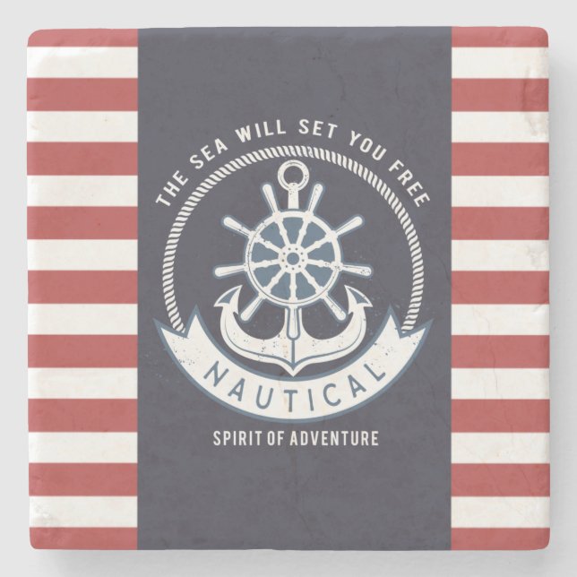 Nautical Anchor,Wheel, Navy Blue,Red Stripes Stone Coaster (Front)
