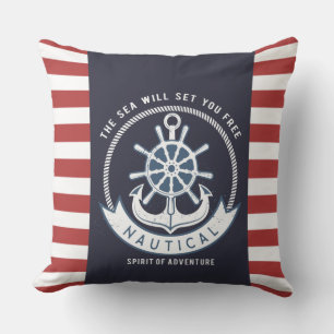 Nautical Anchor,Wheel, Navy Blue,Red Stripes Throw Pillow