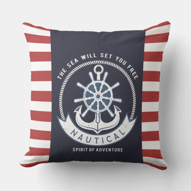 Nautical Anchor,Wheel, Navy Blue,Red Stripes Throw Pillow (Front)