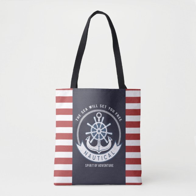 Nautical Anchor,Wheel, Navy Blue,Red Stripes Tote Bag (Front)