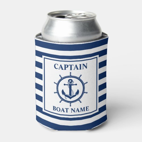 Nautical Anchor Wheel Striped Captain Boat Name Can Cooler