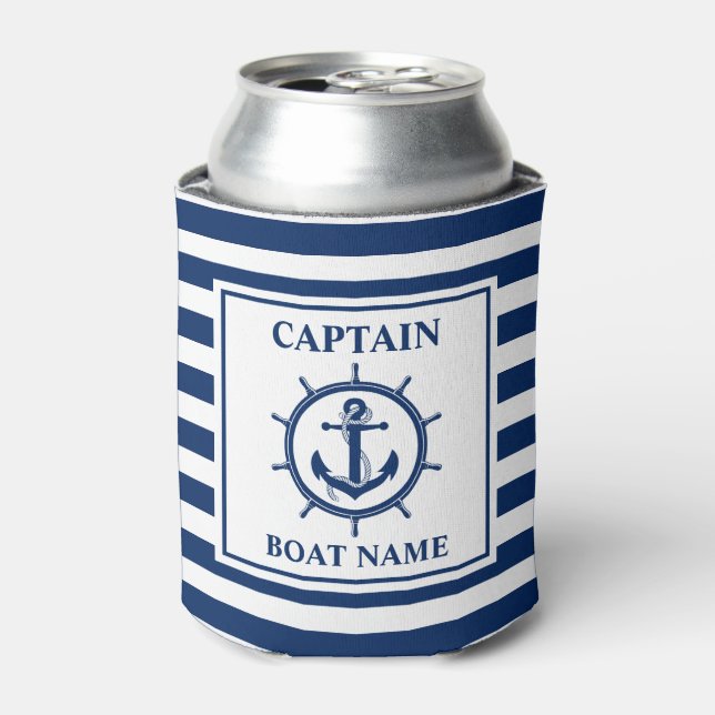 Nautical Anchor Wheel Striped Captain Boat Name Can Cooler (Can Front)