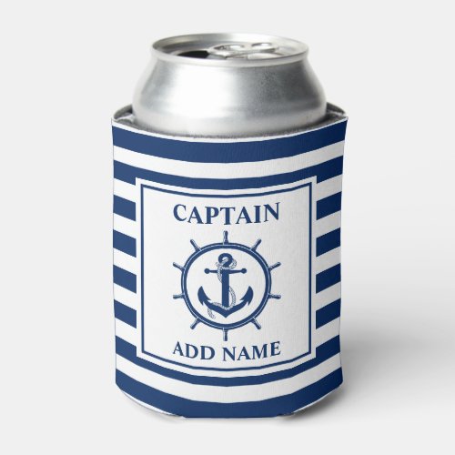 Nautical Anchor Wheel Striped Captain Name Can Cooler