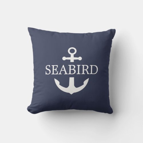 Nautical Anchor White and Navy Blue Custom Boat Outdoor Pillow